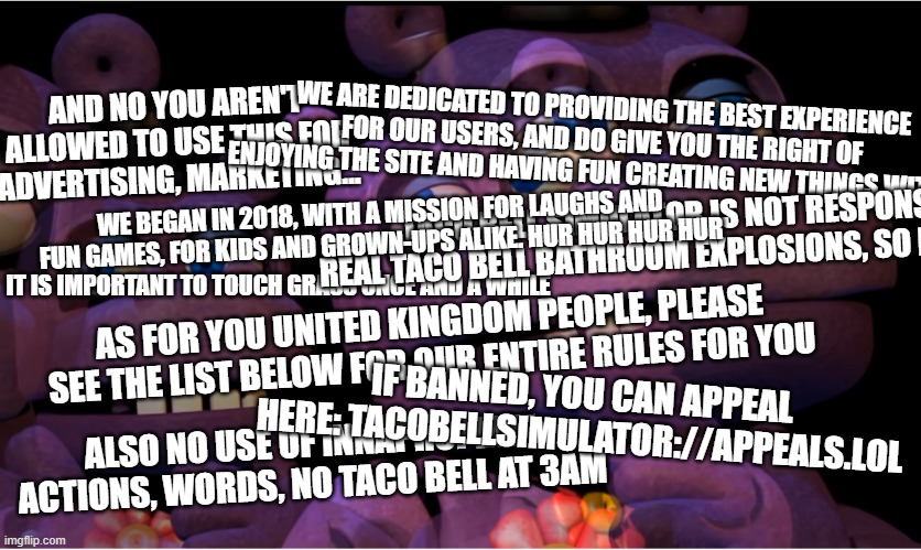 The Terms And Conditions In Question: | WE ARE DEDICATED TO PROVIDING THE BEST EXPERIENCE FOR OUR USERS, AND DO GIVE YOU THE RIGHT OF ENJOYING THE SITE AND HAVING FUN CREATING NEW THINGS WITH IT. AND NO YOU AREN'T ALLOWED TO USE THIS FOR ADVERTISING, MARKETING... TACO BELL SIMULATOR IS NOT RESPONSIBLE FOR ANY REAL TACO BELL BATHROOM EXPLOSIONS, SO DON'T EVEN TRY BRO; WE BEGAN IN 2018, WITH A MISSION FOR LAUGHS AND FUN GAMES, FOR KIDS AND GROWN-UPS ALIKE. HUR HUR HUR HUR; IT IS IMPORTANT TO TOUCH GRASS ONCE AND A WHILE; AS FOR YOU UNITED KINGDOM PEOPLE, PLEASE SEE THE LIST BELOW FOR OUR ENTIRE RULES FOR YOU; IF BANNED, YOU CAN APPEAL HERE: TACOBELLSIMULATOR://APPEALS.LOL; ALSO NO USE OF INNAPROPIATE ACTIONS, WORDS, NO TACO BELL AT 3AM | image tagged in mr hippo thinking | made w/ Imgflip meme maker