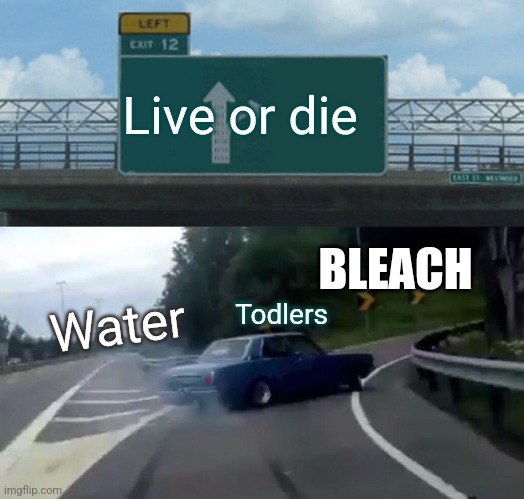 Die | Live or die; BLEACH; Todlers; Water | image tagged in memes,left exit 12 off ramp | made w/ Imgflip meme maker