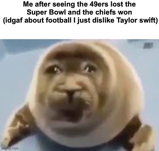 Crying seal | Me after seeing the 49ers lost the Super Bowl and the chiefs won
 (idgaf about football I just dislike Taylor swift) | image tagged in crying seal | made w/ Imgflip meme maker