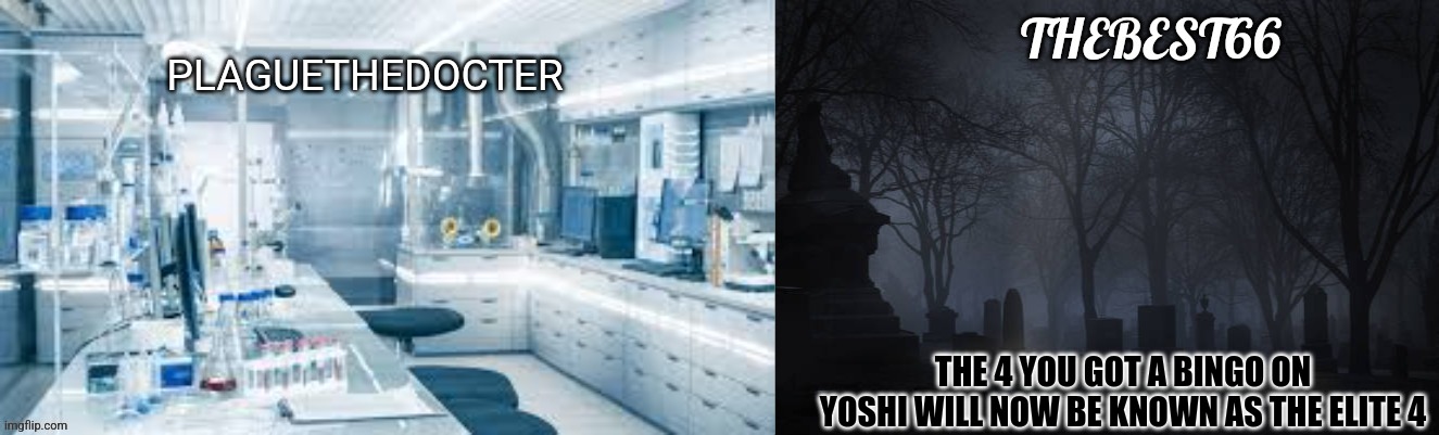Plaguethedocter and Thebest66 | THE 4 YOU GOT A BINGO ON YOSHI WILL NOW BE KNOWN AS THE ELITE 4 | image tagged in plaguethedocter and thebest66 | made w/ Imgflip meme maker