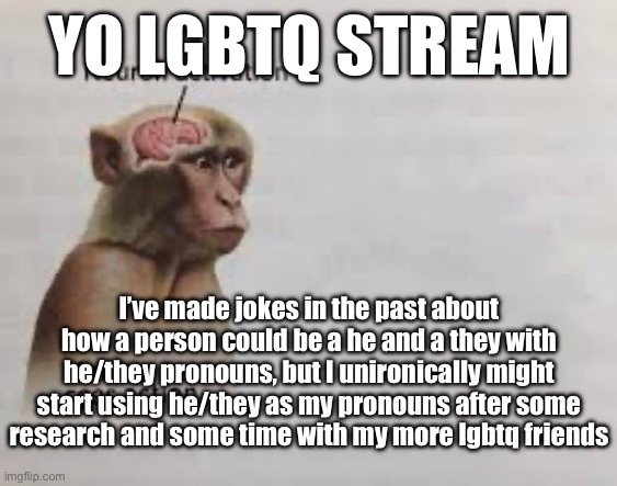 I’ve fallen victim to the he/they pipeline, it’s only a matter of time now before I go to the other team | YO LGBTQ STREAM; I’ve made jokes in the past about how a person could be a he and a they with he/they pronouns, but I unironically might start using he/they as my pronouns after some research and some time with my more lgbtq friends | image tagged in neuron activation | made w/ Imgflip meme maker