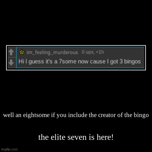 well an eightsome if you include the creator of the bingo | the elite seven is here! | image tagged in funny,demotivationals | made w/ Imgflip demotivational maker