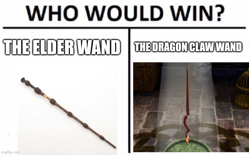 Elder wand vs Dragon Claw Wand | THE ELDER WAND; THE DRAGON CLAW WAND | image tagged in memes,who would win,harry potter,disney,jpfan102504 | made w/ Imgflip meme maker