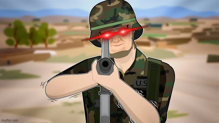High Quality Snapped Soldier Points his M16 at You. Blank Meme Template