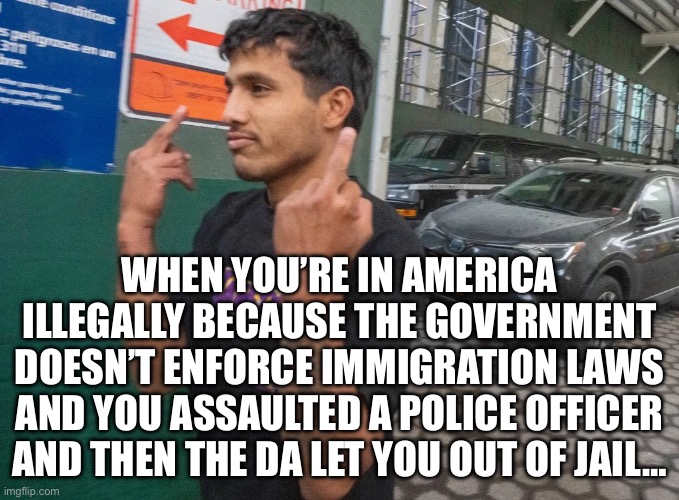 An amazing story | WHEN YOU’RE IN AMERICA ILLEGALLY BECAUSE THE GOVERNMENT DOESN’T ENFORCE IMMIGRATION LAWS AND YOU ASSAULTED A POLICE OFFICER AND THEN THE DA LET YOU OUT OF JAIL… | image tagged in illegal immigrant gives america a middle finger,politics,political meme,illegal immigration | made w/ Imgflip meme maker