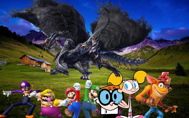 Wario and Friends dies by a Gore Magala during a picnic | image tagged in wario dies,dexters lab,crash bandicoot,super mario,monster hunter,crossover | made w/ Imgflip meme maker