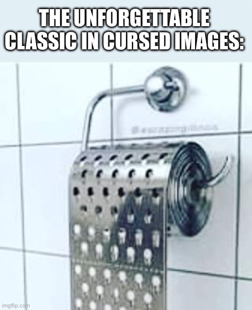 Cheese grater toilet paper | THE UNFORGETTABLE CLASSIC IN CURSED IMAGES: | image tagged in cheese grater toilet paper | made w/ Imgflip meme maker