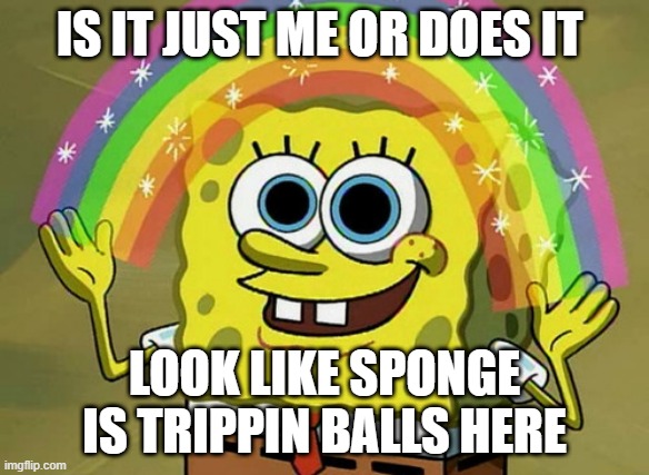 sponge guy | IS IT JUST ME OR DOES IT; LOOK LIKE SPONGE IS TRIPPIN BALLS HERE | image tagged in memes,imagination spongebob | made w/ Imgflip meme maker
