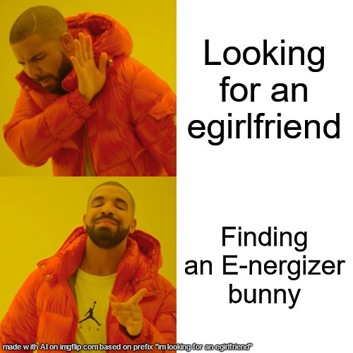 18+ ONLY!!! hmu tho | Looking for an egirlfriend; Finding an E-nergizer bunny | image tagged in memes,drake hotline bling | made w/ Imgflip meme maker