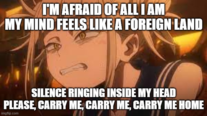 would you smash her | I'M AFRAID OF ALL I AM
MY MIND FEELS LIKE A FOREIGN LAND; SILENCE RINGING INSIDE MY HEAD
PLEASE, CARRY ME, CARRY ME, CARRY ME HOME | image tagged in toga | made w/ Imgflip meme maker