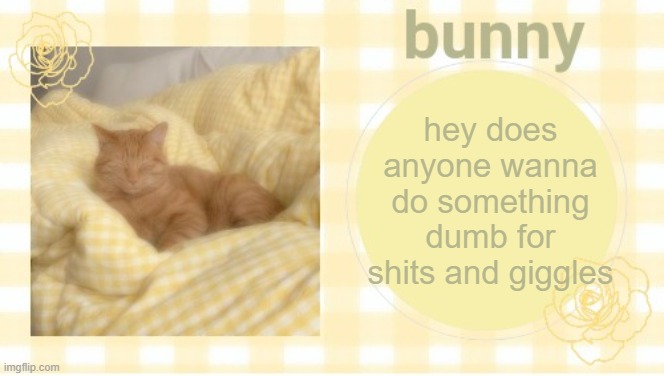 bunny | hey does anyone wanna do something dumb for shits and giggles | image tagged in bunny | made w/ Imgflip meme maker