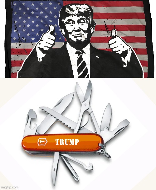 THE SOLUTION TO ALL OF OUR COUNTRY'S PROBLEMS | image tagged in trump,victorinox,swiss army knife | made w/ Imgflip meme maker