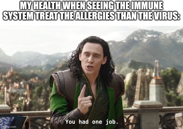 You had one job. Just the one | MY HEALTH WHEN SEEING THE IMMUNE SYSTEM TREAT THE ALLERGIES THAN THE VIRUS: | image tagged in you had one job just the one | made w/ Imgflip meme maker