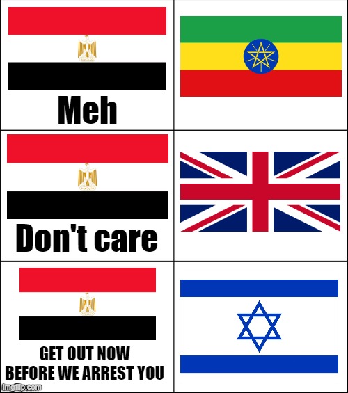 egypt when these countries visit them | Meh; Don't care; GET OUT NOW BEFORE WE ARREST YOU | image tagged in 6 panel | made w/ Imgflip meme maker