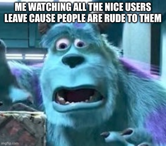 It’s sad | ME WATCHING ALL THE NICE USERS LEAVE CAUSE PEOPLE ARE RUDE TO THEM | image tagged in distressed sully | made w/ Imgflip meme maker