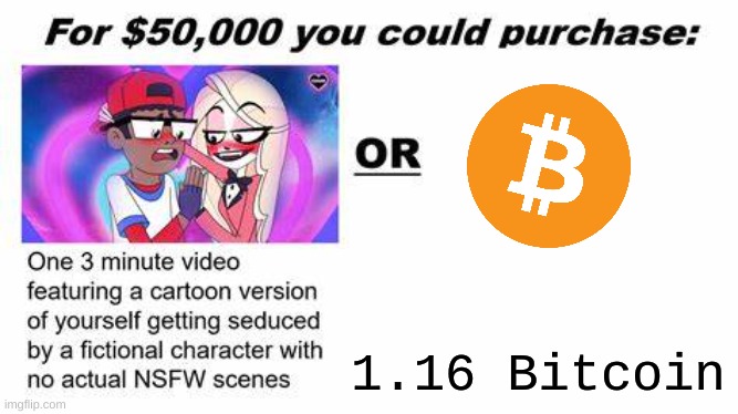 "For $50,000 you could purchase:" | 1.16 Bitcoin | image tagged in for 50 000 you could purchase | made w/ Imgflip meme maker