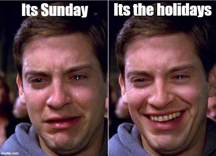 True that | Its the holidays; Its Sunday | image tagged in peter parker sad cry happy cry | made w/ Imgflip meme maker