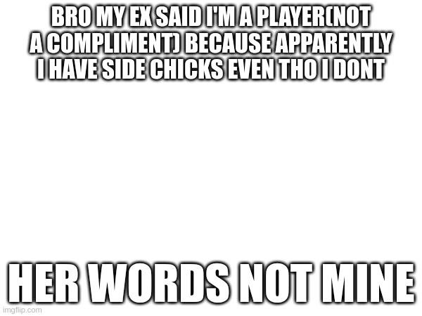 :| | BRO MY EX SAID I'M A PLAYER(NOT A COMPLIMENT) BECAUSE APPARENTLY I HAVE SIDE CHICKS EVEN THO I DONT; HER WORDS NOT MINE | image tagged in m | made w/ Imgflip meme maker
