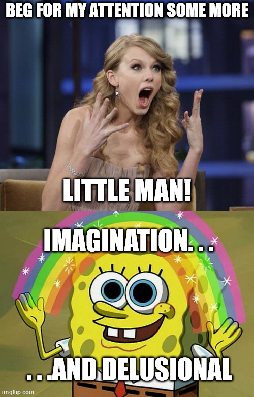 Seems to me the only one begging for attention is Taylor Swift. . . | BEG FOR MY ATTENTION SOME MORE; LITTLE MAN! IMAGINATION. . . . . .AND DELUSIONAL | image tagged in taylor swift,memes,imagination spongebob,politics | made w/ Imgflip meme maker