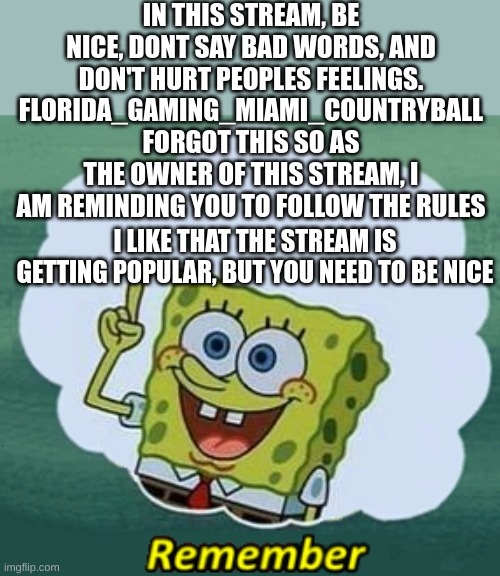 remember, as the owner of this stream i can ban you for being bad | IN THIS STREAM, BE NICE, DONT SAY BAD WORDS, AND DON'T HURT PEOPLES FEELINGS. FLORIDA_GAMING_MIAMI_COUNTRYBALL FORGOT THIS SO AS THE OWNER OF THIS STREAM, I AM REMINDING YOU TO FOLLOW THE RULES; I LIKE THAT THE STREAM IS GETTING POPULAR, BUT YOU NEED TO BE NICE | image tagged in remember | made w/ Imgflip meme maker