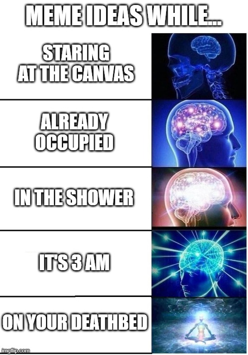 Writer's Block | MEME IDEAS WHILE... STARING AT THE CANVAS; ALREADY OCCUPIED; IN THE SHOWER; IT'S 3 AM; ON YOUR DEATHBED | image tagged in expanding brain 5 panel,memes | made w/ Imgflip meme maker