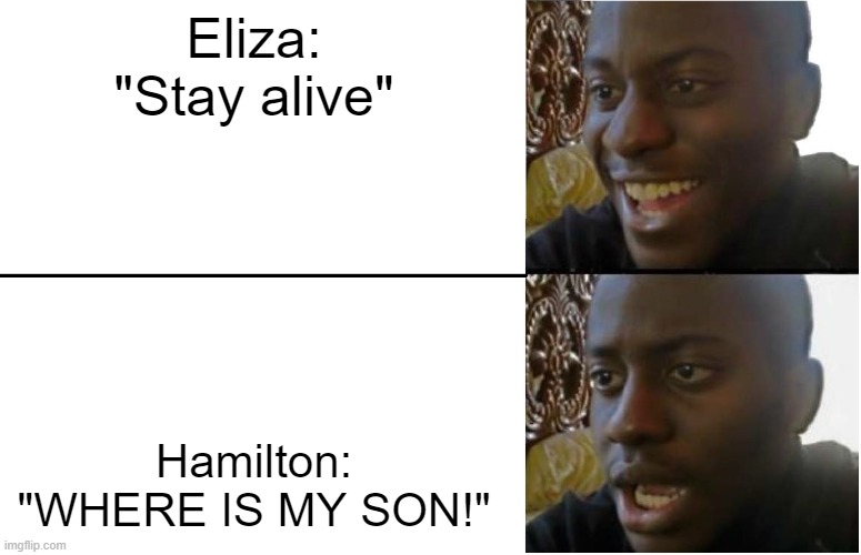 Nooooo! | Eliza: "Stay alive"; Hamilton: "WHERE IS MY SON!" | image tagged in disappointed black guy | made w/ Imgflip meme maker