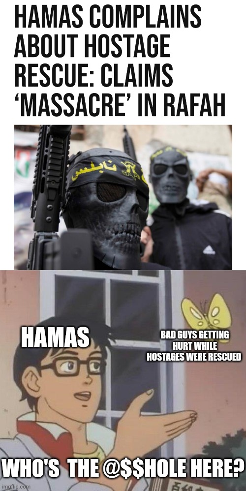HAMAS; BAD GUYS GETTING HURT WHILE HOSTAGES WERE RESCUED; WHO'S  THE @$$HOLE HERE? | image tagged in memes,is this a pigeon,funny memes | made w/ Imgflip meme maker