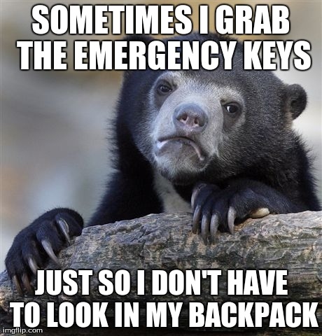 Confession Bear Meme | SOMETIMES I GRAB THE EMERGENCY KEYS JUST SO I DON'T HAVE TO LOOK IN MY BACKPACK | image tagged in memes,confession bear,AdviceAnimals | made w/ Imgflip meme maker