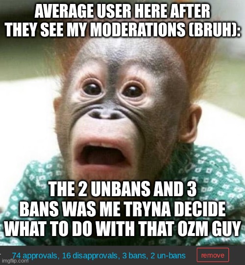 AVERAGE USER HERE AFTER THEY SEE MY MODERATIONS (BRUH):; THE 2 UNBANS AND 3 BANS WAS ME TRYNA DECIDE WHAT TO DO WITH THAT OZM GUY | image tagged in shocked monkey | made w/ Imgflip meme maker