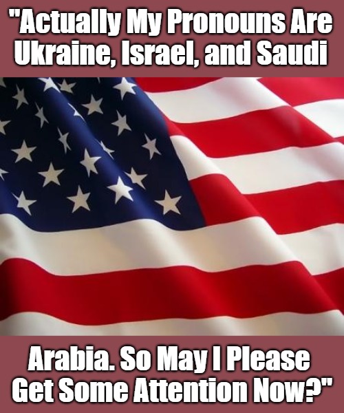 Tran-sanity | "Actually My Pronouns Are 
Ukraine, Israel, and Saudi; Arabia. So May I Please 
Get Some Attention Now?" | image tagged in american flag,antiamerican,foreign aid,pronouns,foreign policy,clown world | made w/ Imgflip meme maker