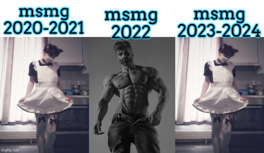 msmg
2022; msmg
2020-2021; msmg
2023-2024 | image tagged in giga chad vs femboy | made w/ Imgflip meme maker