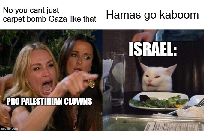 Pro Palestinian clowns logic while Israel is protecting its country | No you cant just carpet bomb Gaza like that; Hamas go kaboom; ISRAEL:; PRO PALESTINIAN CLOWNS | image tagged in memes,woman yelling at cat,israel,palestine | made w/ Imgflip meme maker