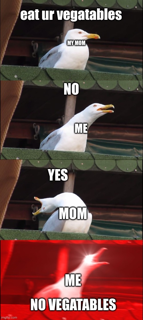 no vegatables | eat ur vegatables; MY MOM; NO; ME; YES; MOM; ME; NO VEGATABLES | image tagged in memes,inhaling seagull | made w/ Imgflip meme maker
