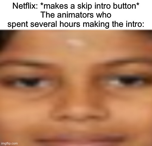 Tragic | Netflix: *makes a skip intro button*
The animators who spent several hours making the intro: | image tagged in animation,memes,true,animators,tv | made w/ Imgflip meme maker