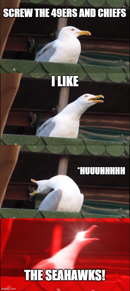 Inhaling Seagull Meme | SCREW THE 49ERS AND CHIEFS I LIKE *HUUUHHHHH THE SEAHAWKS! | image tagged in memes,inhaling seagull | made w/ Imgflip meme maker