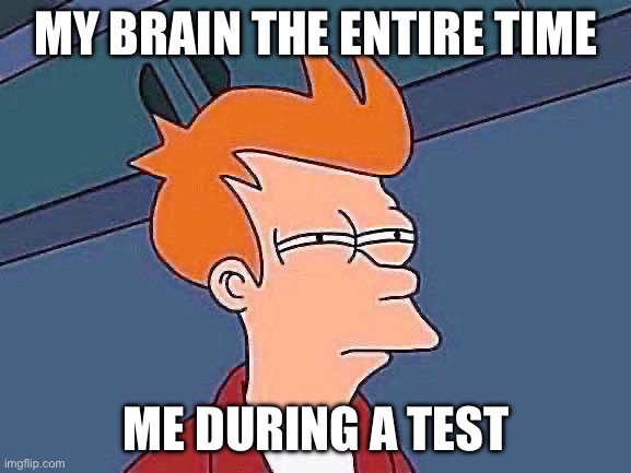Futurama Fry | MY BRAIN THE ENTIRE TIME; ME DURING A TEST | image tagged in memes,futurama fry | made w/ Imgflip meme maker
