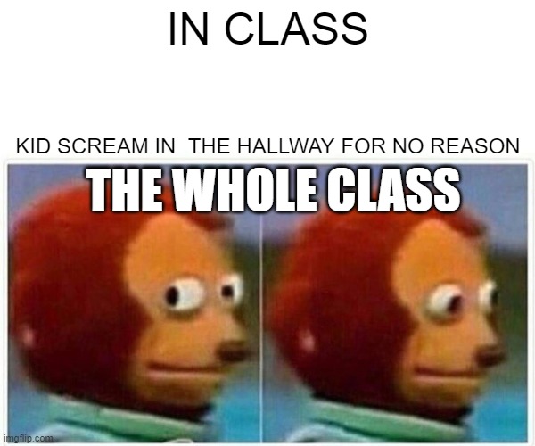 Monkey Puppet | IN CLASS; KID SCREAM IN  THE HALLWAY FOR NO REASON; THE WHOLE CLASS | image tagged in memes,monkey puppet | made w/ Imgflip meme maker