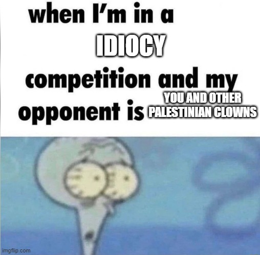 There's no winning here | IDIOCY; YOU AND OTHER PALESTINIAN CLOWNS | image tagged in whe i'm in a competition and my opponent is,israel,palestine | made w/ Imgflip meme maker