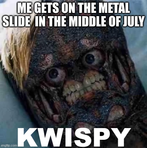 KWISPY | ME GETS ON THE METAL SLIDE  IN THE MIDDLE OF JULY | image tagged in kwispy | made w/ Imgflip meme maker