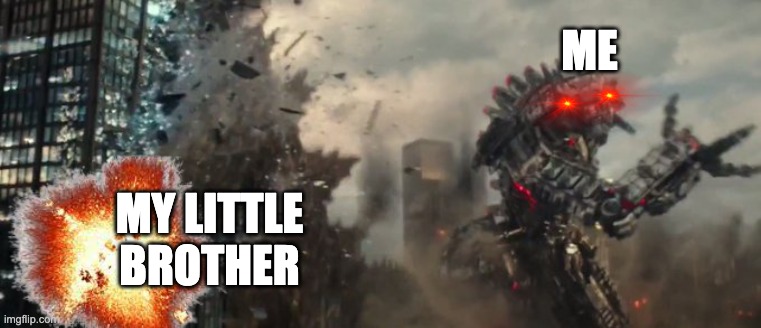 When my little brother hits me | ME; MY LITTLE BROTHER | image tagged in godzilla getting hit by mecha-godzilla | made w/ Imgflip meme maker