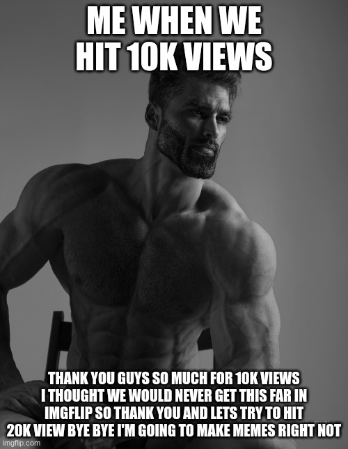 10k views yay | ME WHEN WE HIT 10K VIEWS; THANK YOU GUYS SO MUCH FOR 10K VIEWS I THOUGHT WE WOULD NEVER GET THIS FAR IN IMGFLIP SO THANK YOU AND LETS TRY TO HIT 20K VIEW BYE BYE I'M GOING TO MAKE MEMES RIGHT NOT | image tagged in giga chad | made w/ Imgflip meme maker