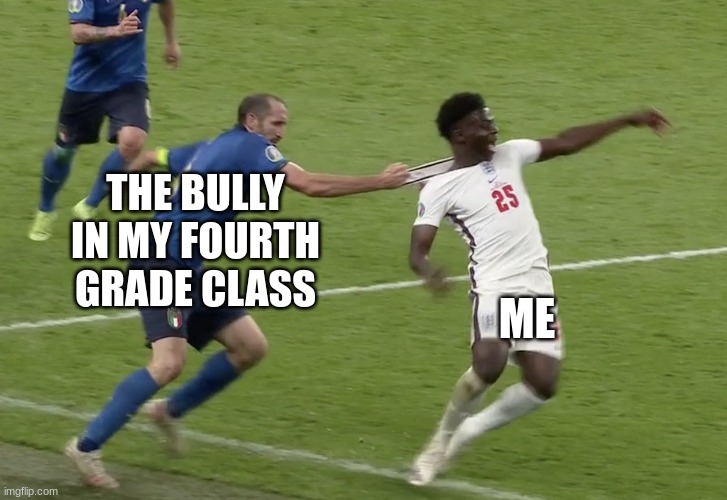 this is True, it happened to me in fourth grade | THE BULLY IN MY FOURTH GRADE CLASS; ME | image tagged in pull back | made w/ Imgflip meme maker