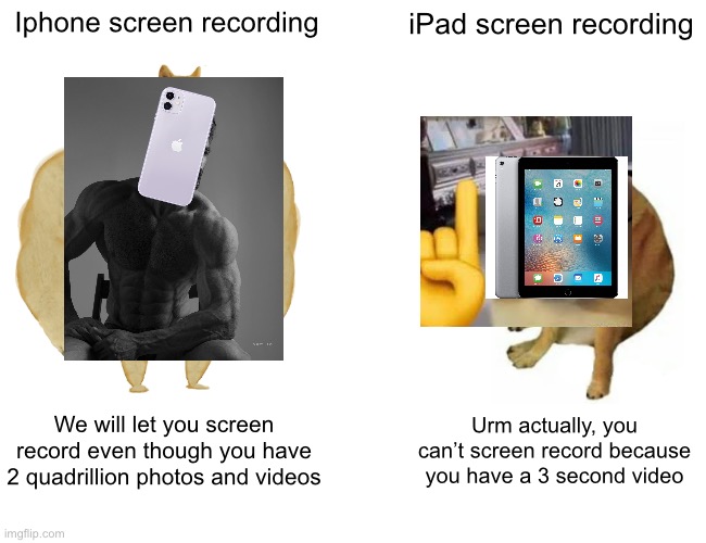 Buff Doge vs. Cheems Meme | Iphone screen recording; iPad screen recording; We will let you screen record even though you have 2 quadrillion photos and videos; Urm actually, you can’t screen record because you have a 3 second video | image tagged in memes,buff doge vs cheems | made w/ Imgflip meme maker