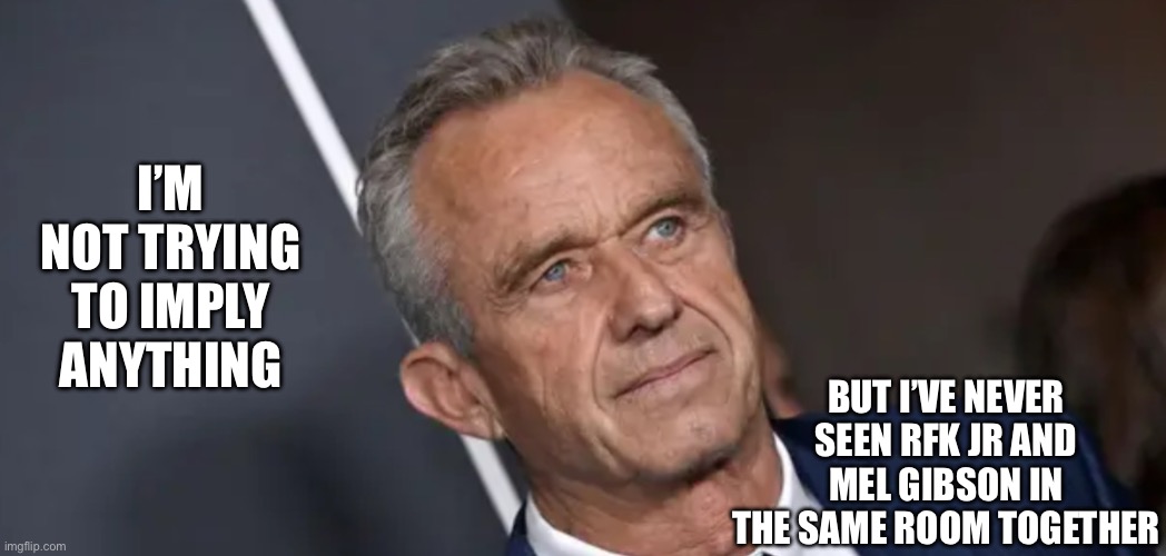 RFK jr and Mel Gibson | I’M NOT TRYING TO IMPLY ANYTHING; BUT I’VE NEVER SEEN RFK JR AND MEL GIBSON IN THE SAME ROOM TOGETHER | image tagged in confused mel gibson,secret,politician,twins,hmmm | made w/ Imgflip meme maker
