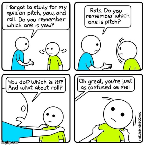 The pitch, yaw, and roll quiz | image tagged in pitch,yaw,roll,quiz,comics,comics/cartoons | made w/ Imgflip meme maker