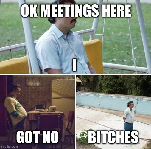 Meetings | OK MEETINGS HERE; I; GOT NO; BITCHES | image tagged in memes,sad pablo escobar | made w/ Imgflip meme maker