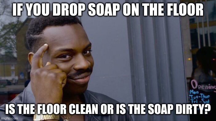 follow if this is relateable | IF YOU DROP SOAP ON THE FLOOR; IS THE FLOOR CLEAN OR IS THE SOAP DIRTY? | image tagged in memes,roll safe think about it | made w/ Imgflip meme maker