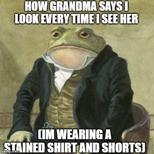 im a gentleman | HOW GRANDMA SAYS I LOOK EVERY TIME I SEE HER; (IM WEARING A STAINED SHIRT AND SHORTS) | image tagged in gentlemen it is with great pleasure to inform you that | made w/ Imgflip meme maker