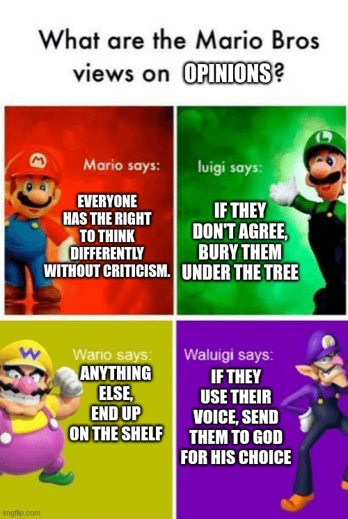 opinions | OPINIONS; EVERYONE HAS THE RIGHT TO THINK DIFFERENTLY WITHOUT CRITICISM. IF THEY DON'T AGREE, BURY THEM UNDER THE TREE; IF THEY USE THEIR VOICE, SEND THEM TO GOD FOR HIS CHOICE; ANYTHING ELSE, END UP ON THE SHELF | image tagged in mario and wario bros views | made w/ Imgflip meme maker