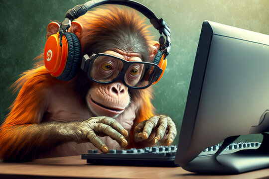 Chimp with laptop Blank Meme Template